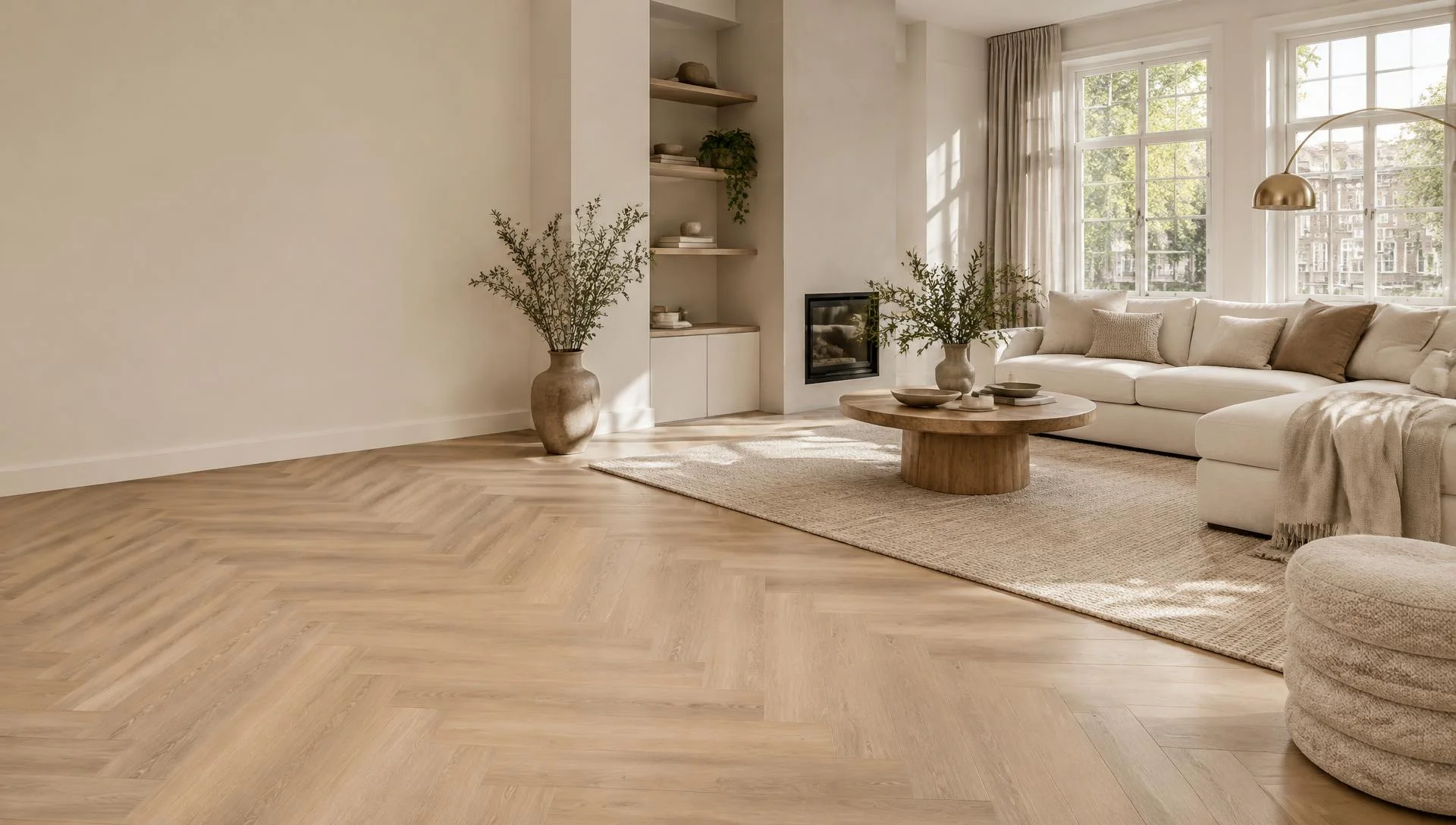Sfeervol luxe woonkamerinterieur met een lichte visgraatvloer